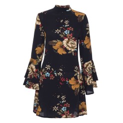 Navy Floral Print Crepe Frill Sleeve Dress