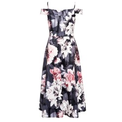 Grey and Pink Floral Print Dip Hem Dress